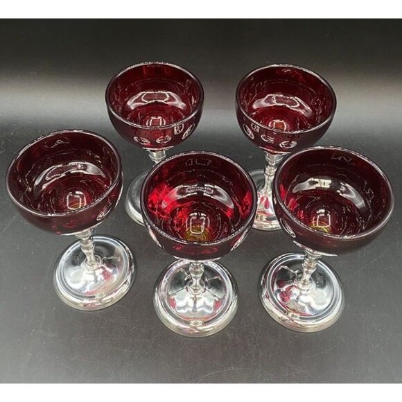 Moondrop Ruby Red Glass Cordial W/ Metal chrome Stem Martinsville Set 5 - Picture 11 of 12
